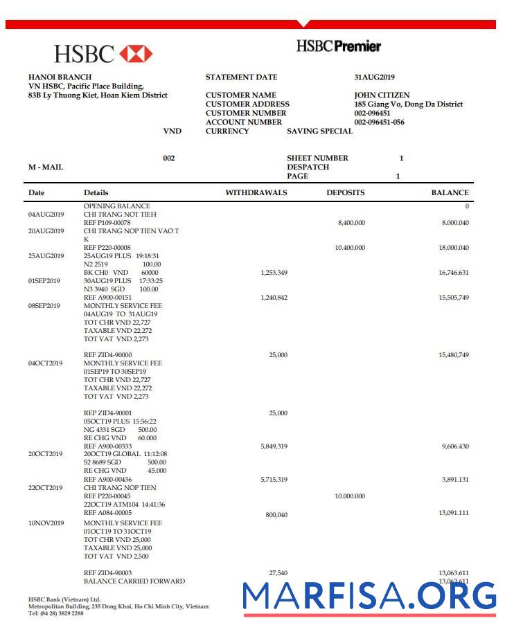 Downloadable Vietnam HSBC bank statement excel example